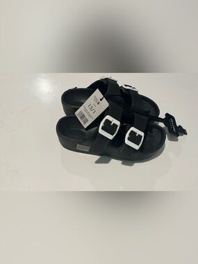 Kids Black Double-Buckle Slide Sandals with White Buckles